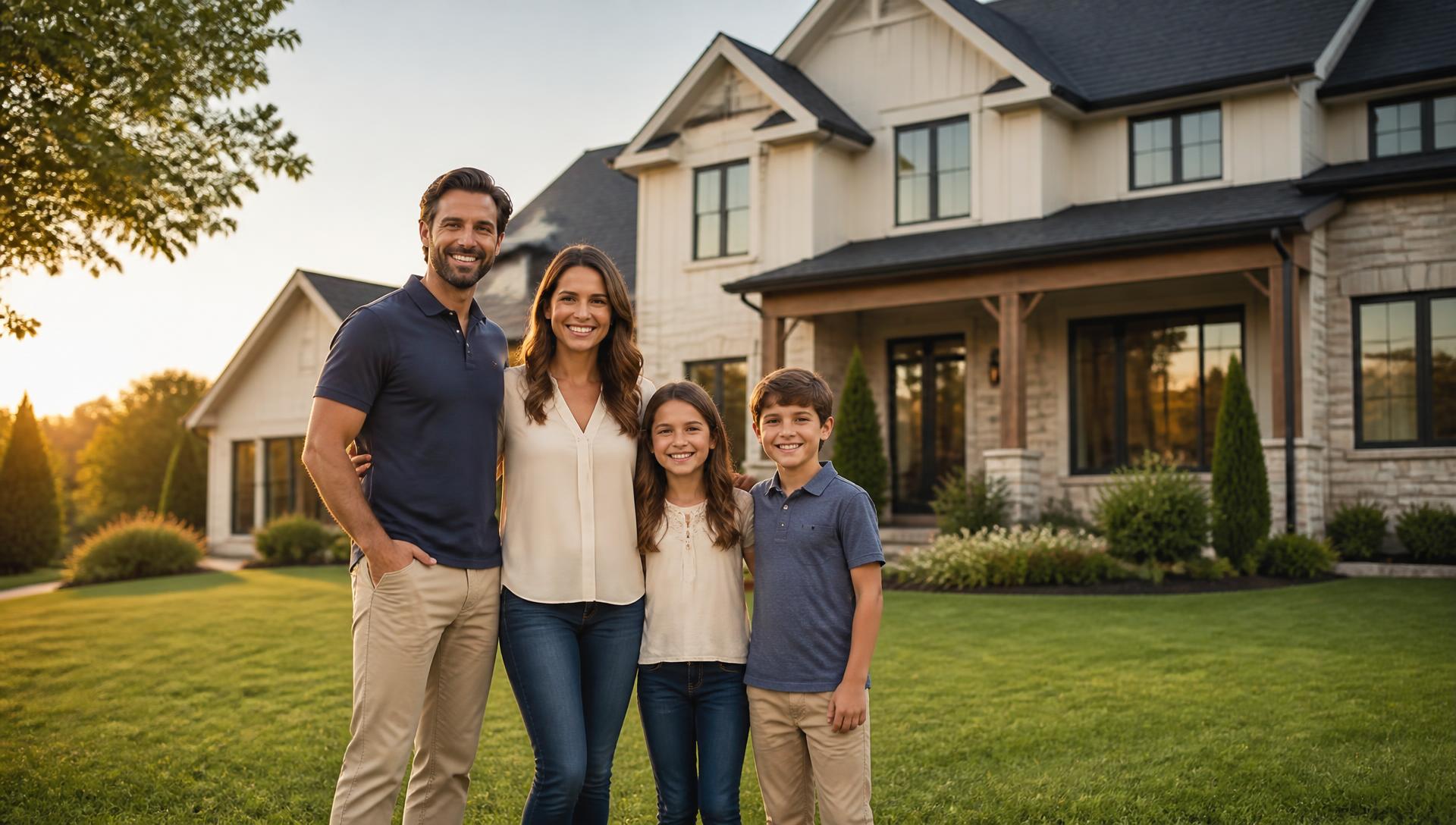 Happy family standing in front of their home